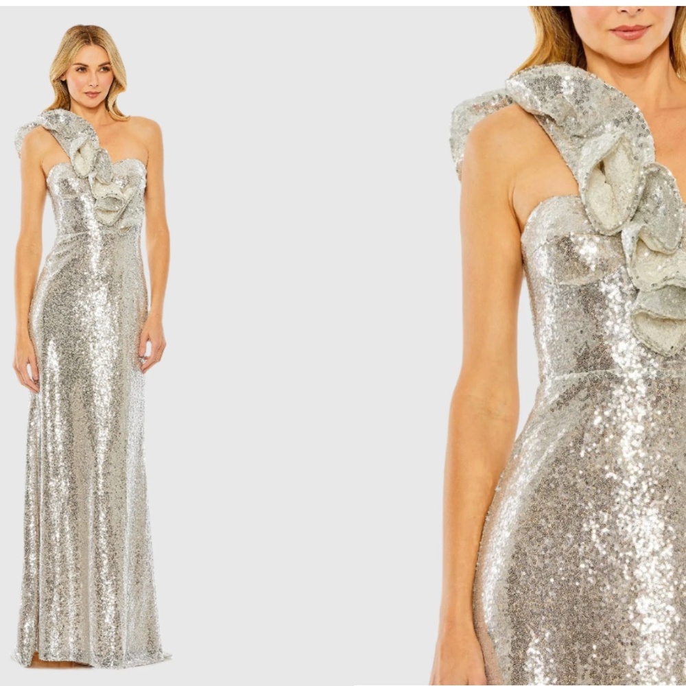 MAC DUGGAL 68513 SILVER/NUDE RUFFLED ONE SHOULDER SEQUIN GOWN sz 6